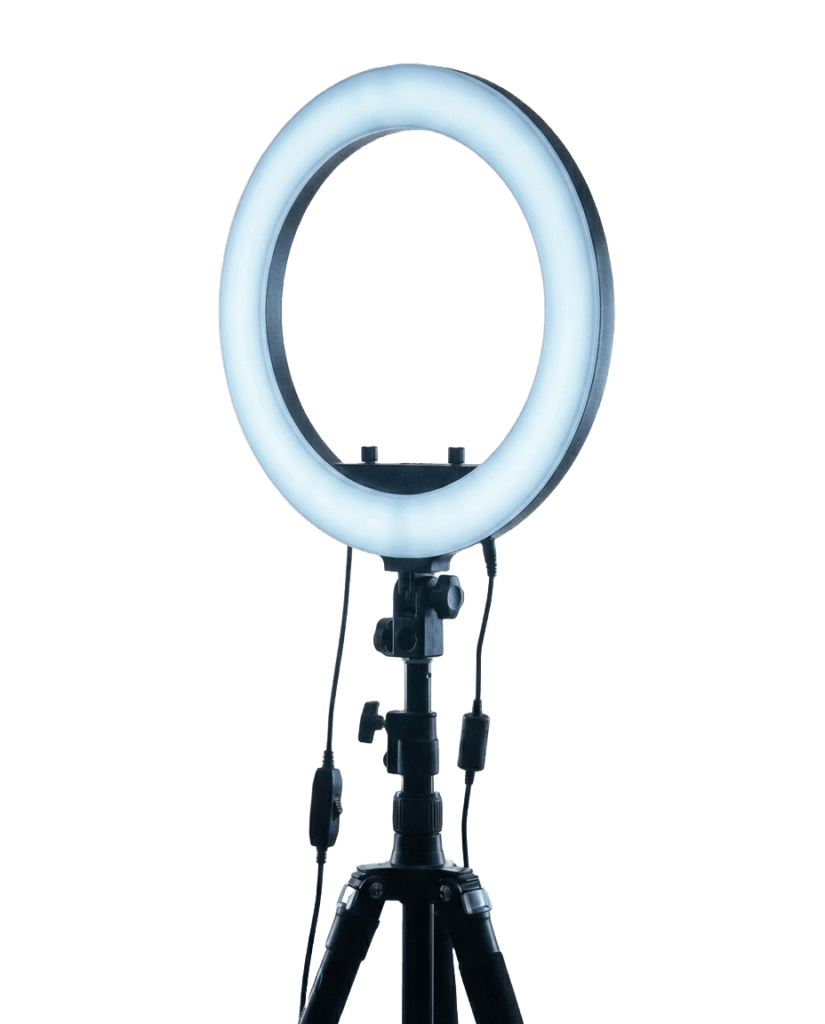 Kit complet Ring Light LED Studio Pro avec trépied télescopique de 2m et télécommande Bluetooth pour smartphone.