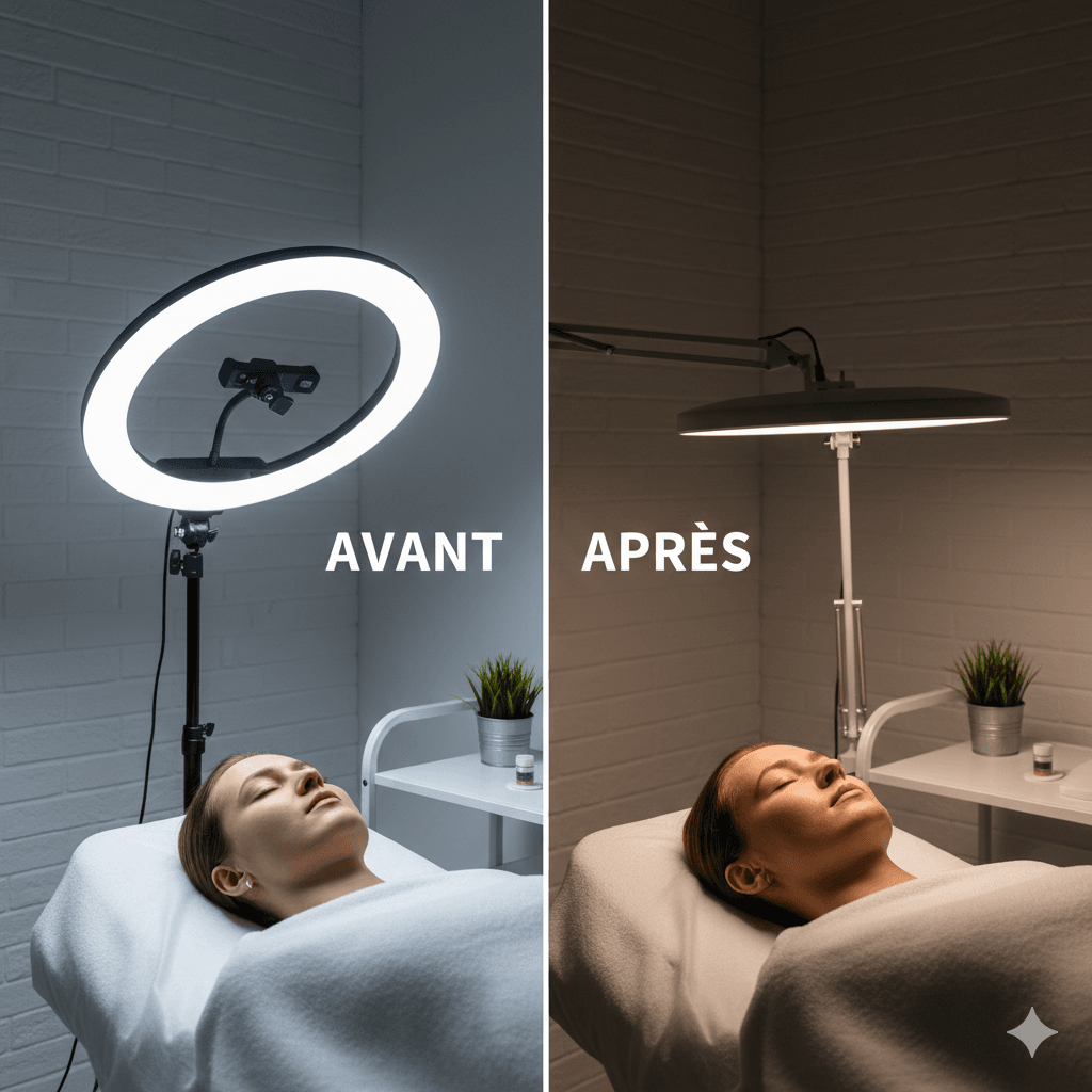 Comparatif éclairage esthétique : Ring Light inclinable vs lampe demi-lune fixe sur une table de soin