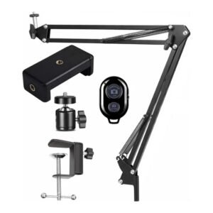 Support de téléphone à bras articulé noir, avec sa pince de table, sa pince pour téléphone, sa rotule et sa télécommande Bluetooth
